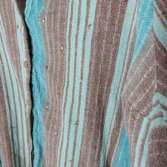 Liz & Me Top Sz 3X Colorful Stripes Sequins Button Up Side Slits Vneck Boho Chic - Picture 2 of 7